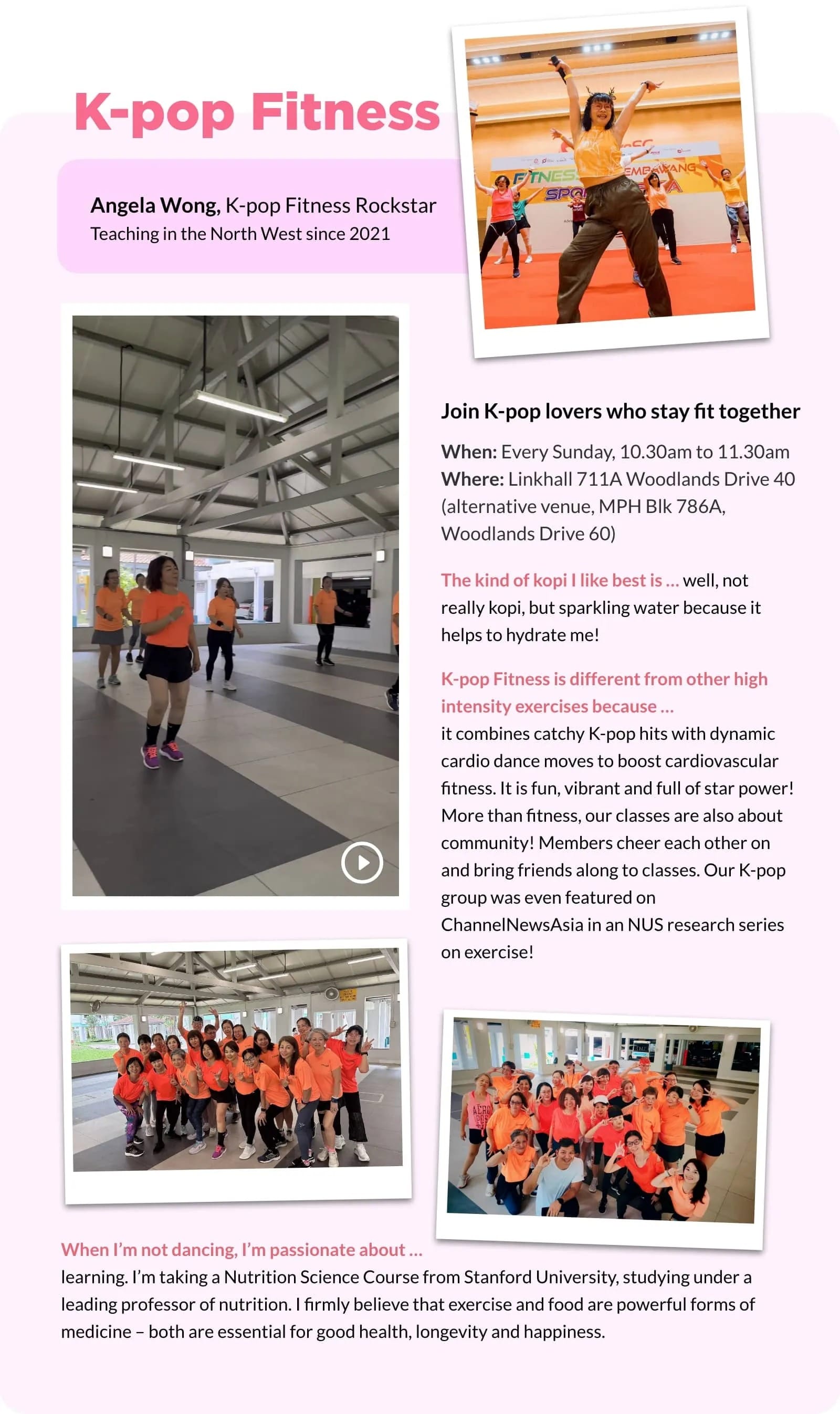 Flyer for K-pop Fitness classes led by Angela Wong, with photos of groups in orange shirts dancing together.